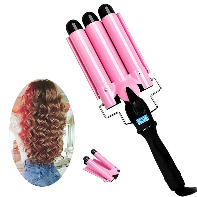 Triple Barrel Ceramic Hair Curler with LED Display