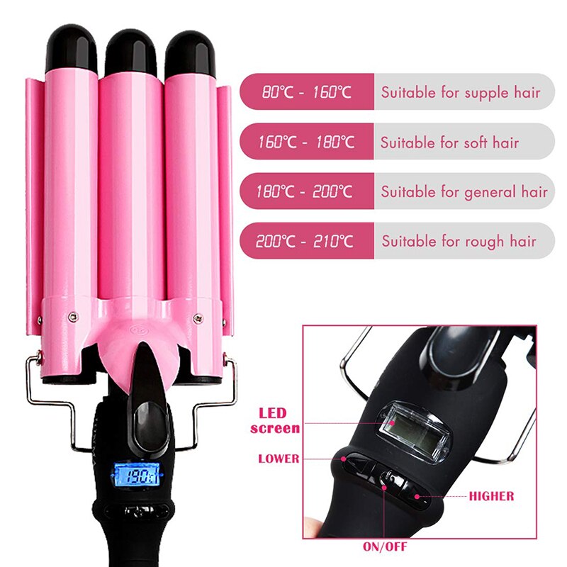 Triple Barrel Ceramic Hair Curler with LED Display