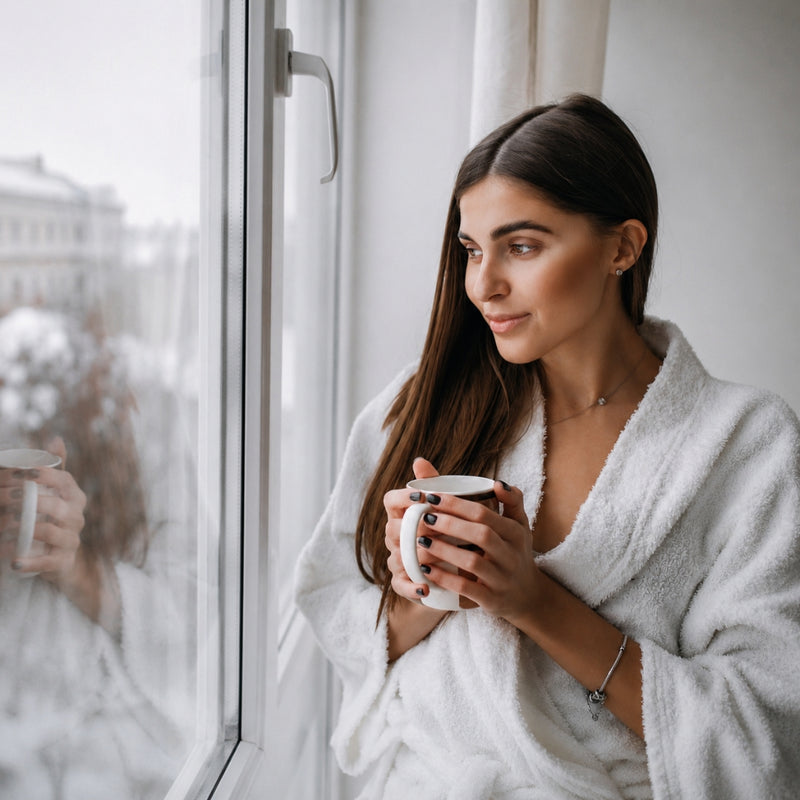 A woman in a white terry cloth bathrobe stands by a window holding a white ceramic mug, with her reflection visible in the glass.
