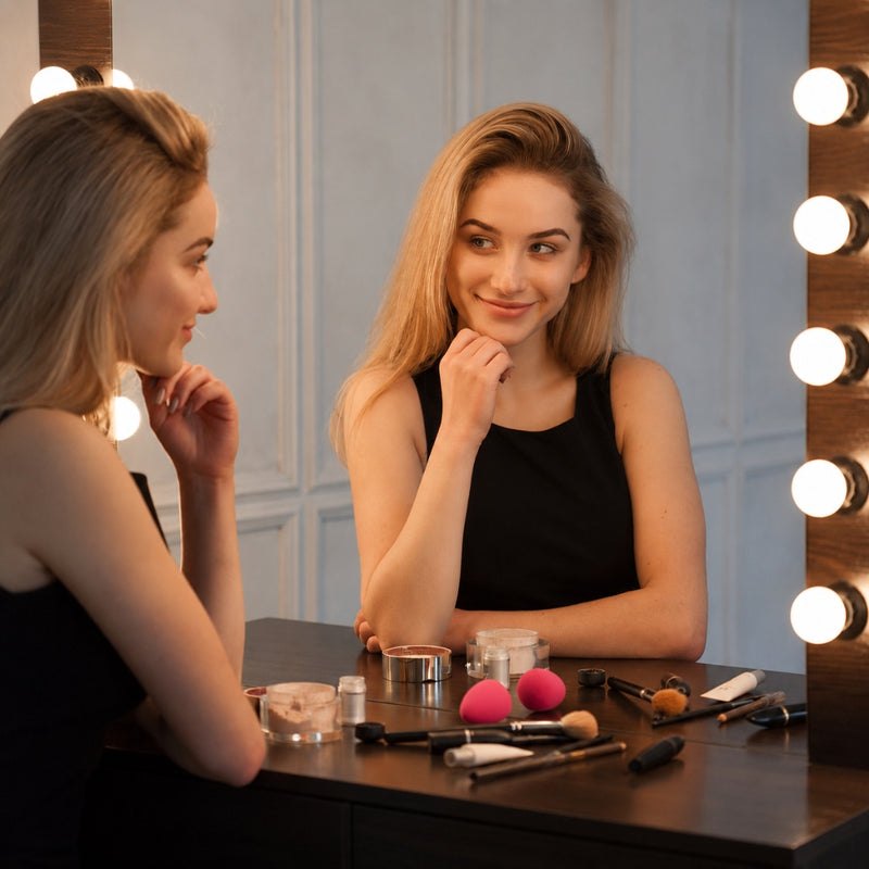 Two women in black sleeveless tops sit at a vanity table with makeup brushes, compacts, and pink makeup sponges, looking into a lighted mirror. One woman is turned toward the camera and smiling, while the other looks to the side.