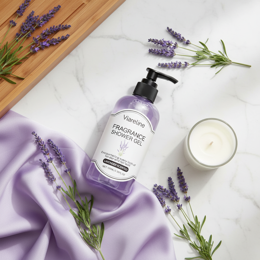 Lavender shower gel bottle surrounded by fresh lavender sprigs and spa accessories on white marble
