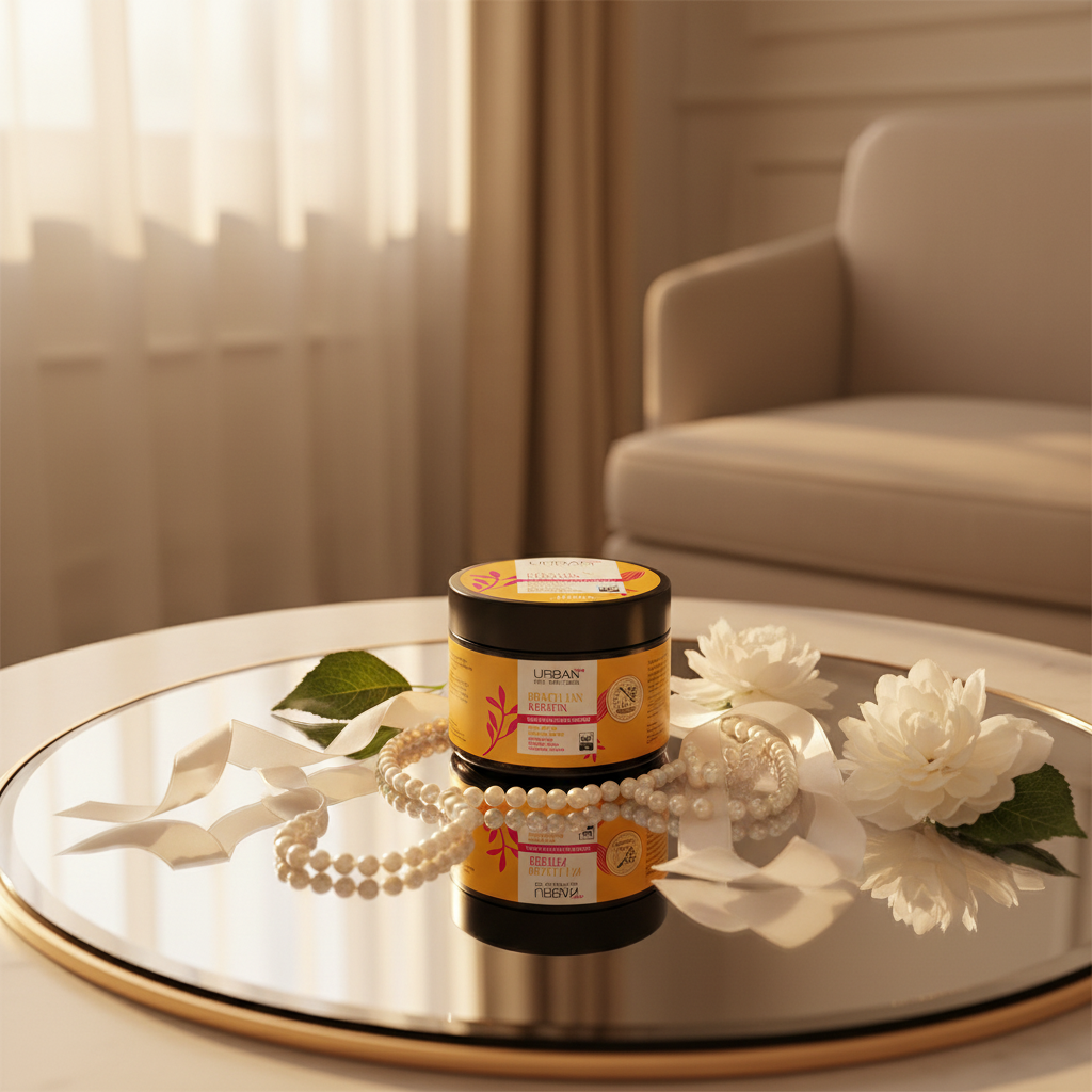 Brazilian Keratin Hair Cream jar on mirrored vanity tray with pearls and soft white flowers in golden light