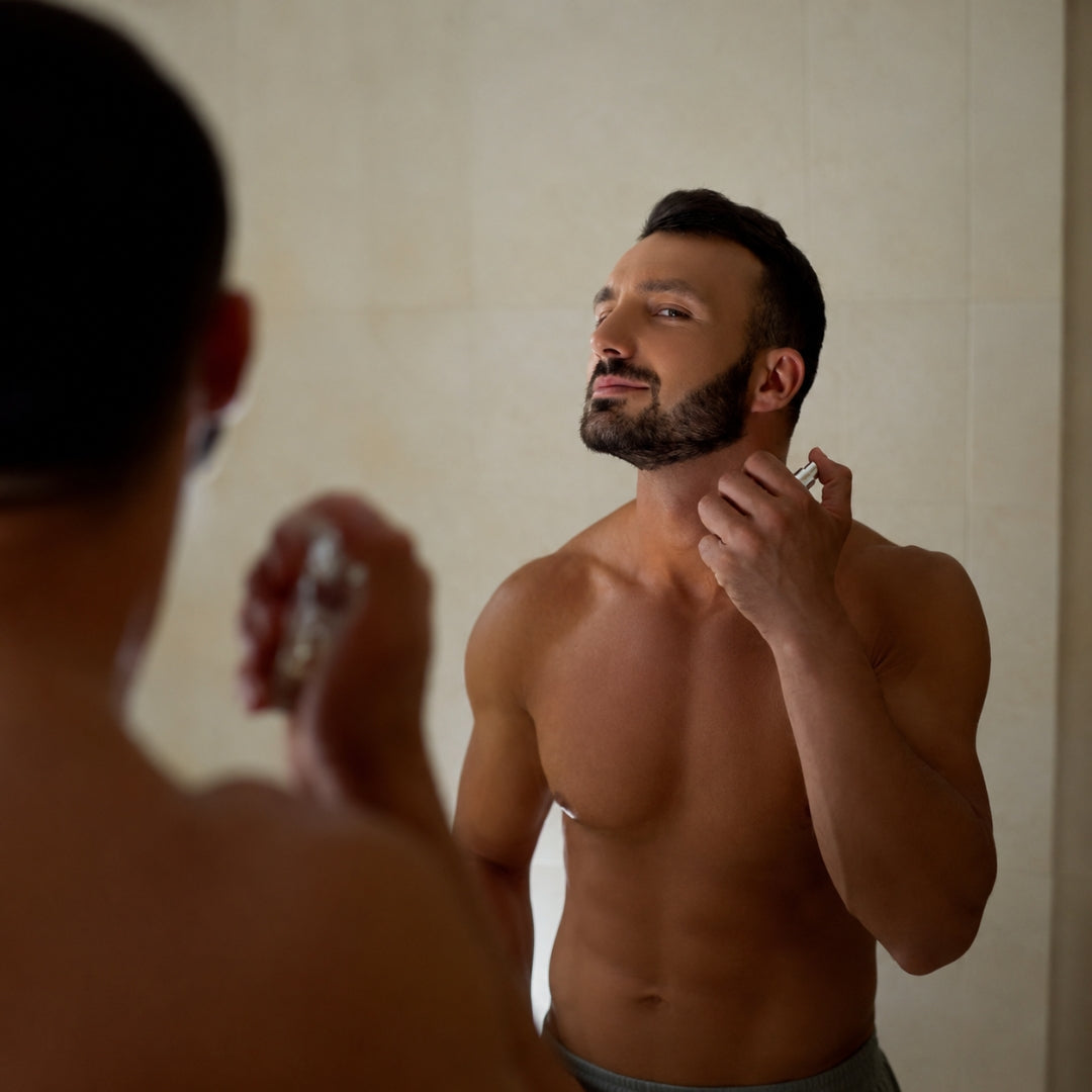 A shirtless man with a beard applies perfume from a silver atomizer while looking at his reflection in a bathroom mirror.