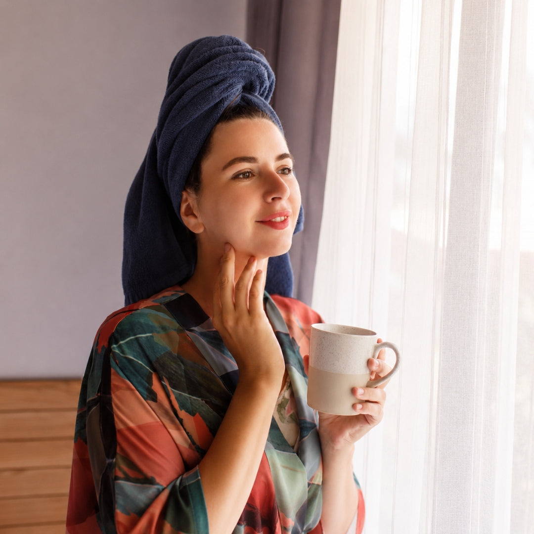 A woman with a dark blue towel wrapped around her hair stands by a window, holding a beige ceramic mug. She is wearing a colorful, patterned robe with shades of green, orange, and blue.