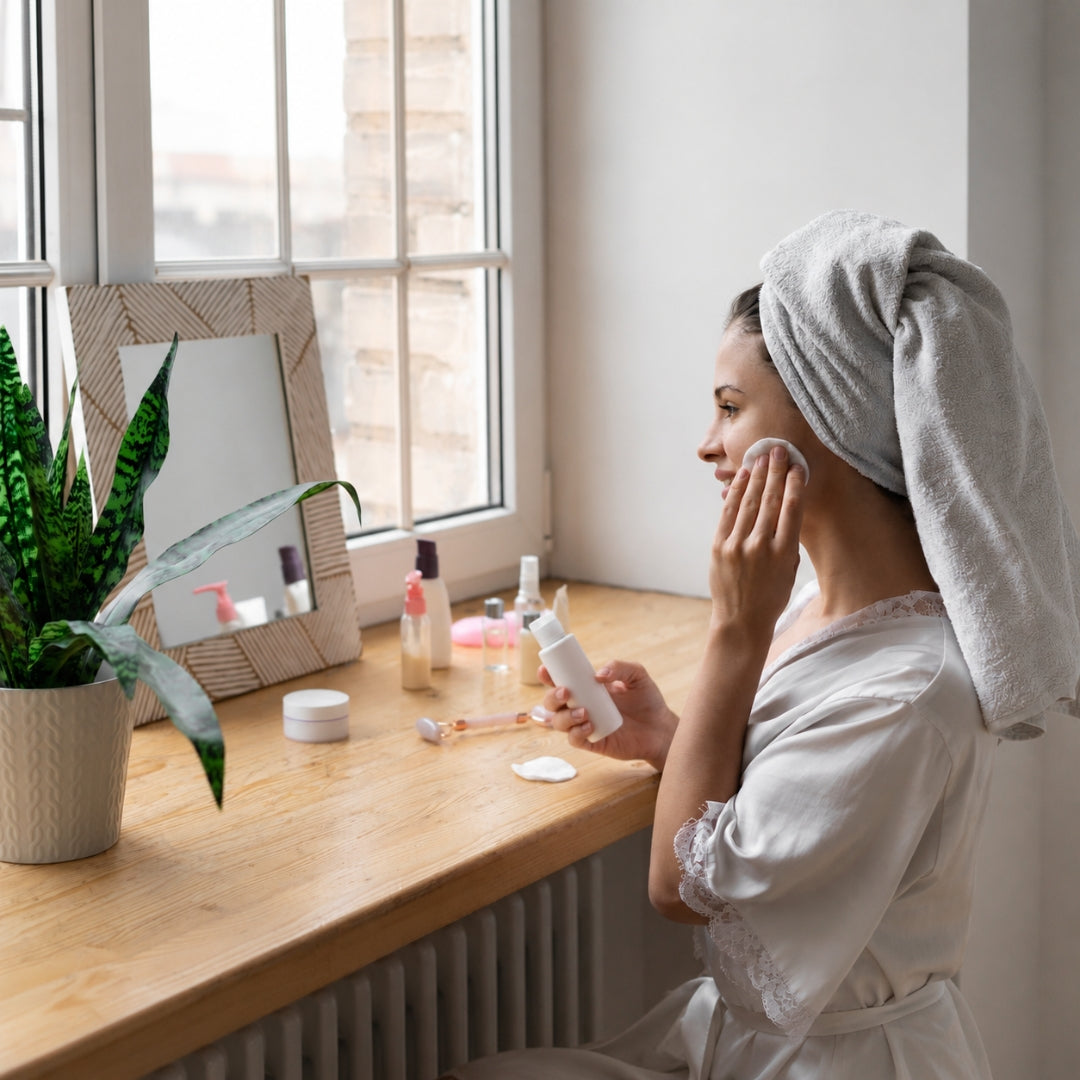 A woman in a white robe with a light gray towel wrapped around her hair sits at a wooden vanity table, applying skincare cream with a cotton pad. A potted snake plant and a woven mirror frame sit on the table next to a bright window.