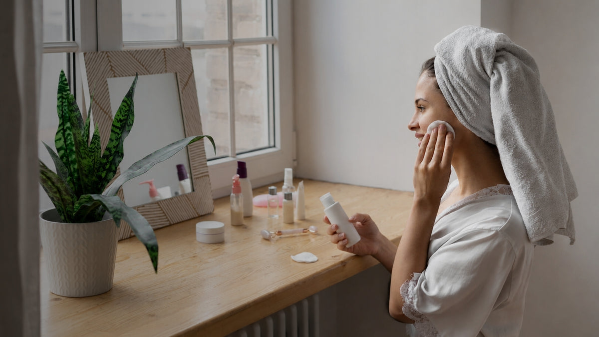A woman with a white towel wrapped around her hair stands at a wooden vanity table, applying a skincare product to her face with a cotton pad. Several skincare bottles and jars are arranged on the table next to a potted snake plant, with a mirror reflecting her profile.